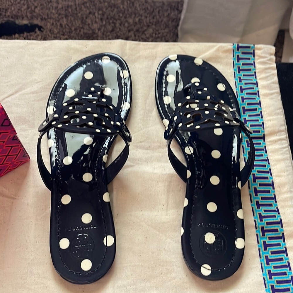 Navy and white polka dot Tory Burch Miller sandals